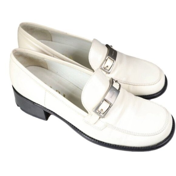Prada Women's Off-White Leather Loafers With Silver Buckle  Size 37.5 (US 7) - Picture 1 of 7